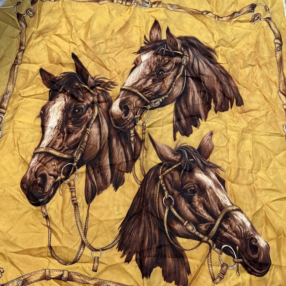 Vintage Equestrian Scarf Satin Twill Hand Painted Japan Horses Bits Bridles Belt - Picture 6 of 8
